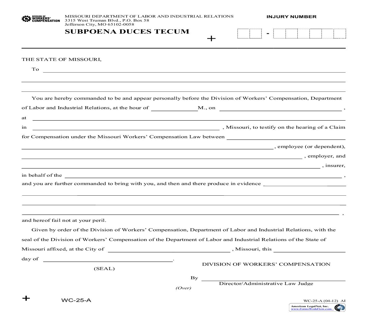 Subpoena Duces Tecum {WC-25-A} | Pdf Fpdf Doc Docx | Missouri