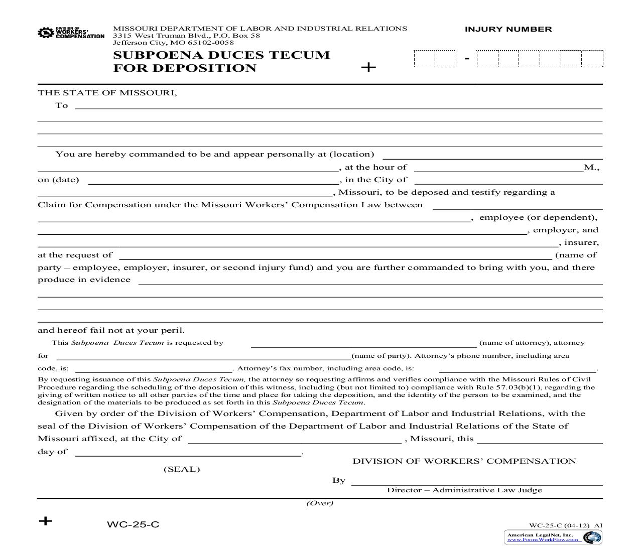 Subpoena Duces Tecum For Deposition {WC-25-C} | Pdf Fpdf Doc Docx | Missouri