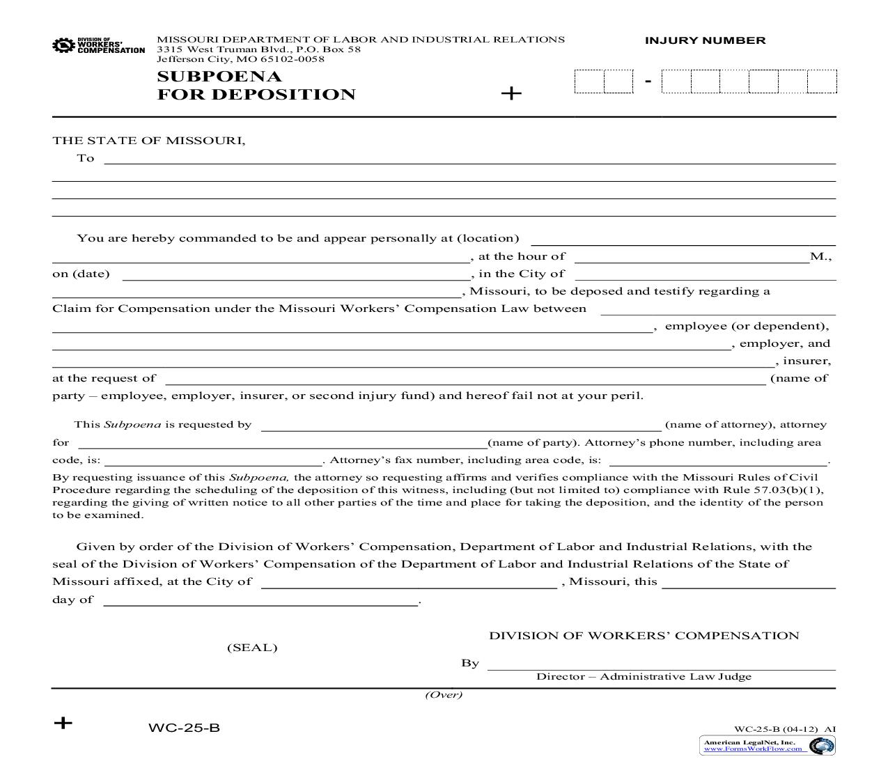 Subpoena For Deposition {WC-25-B} | Pdf Fpdf Doc Docx | Missouri