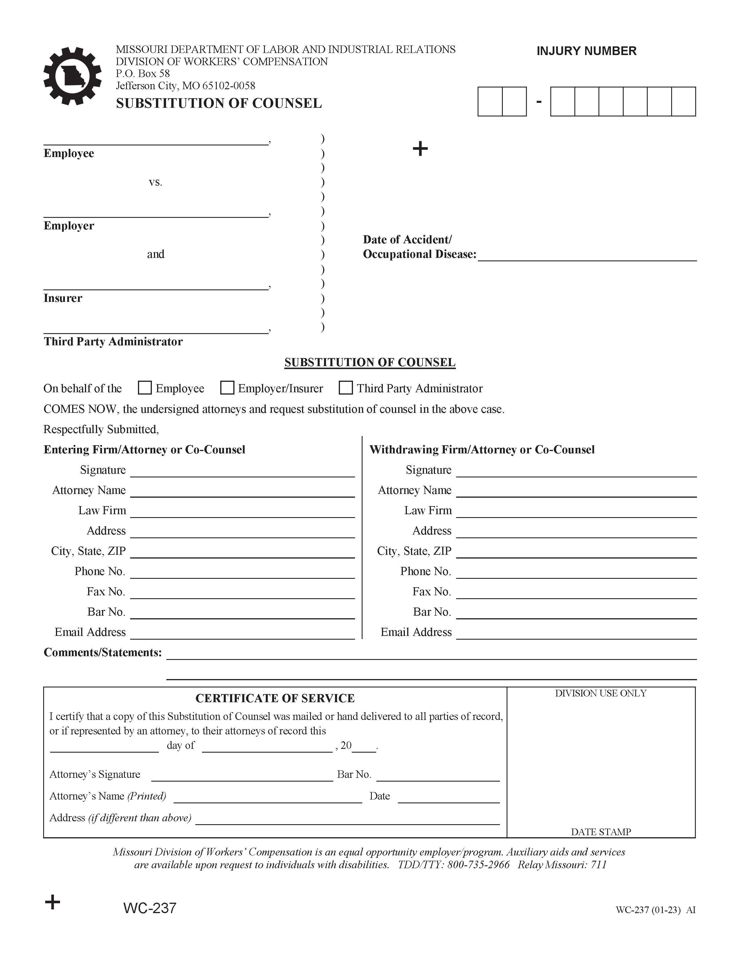 Substitution Of Counsel {WC-237} | Pdf Fpdf Doc Docx | Missouri