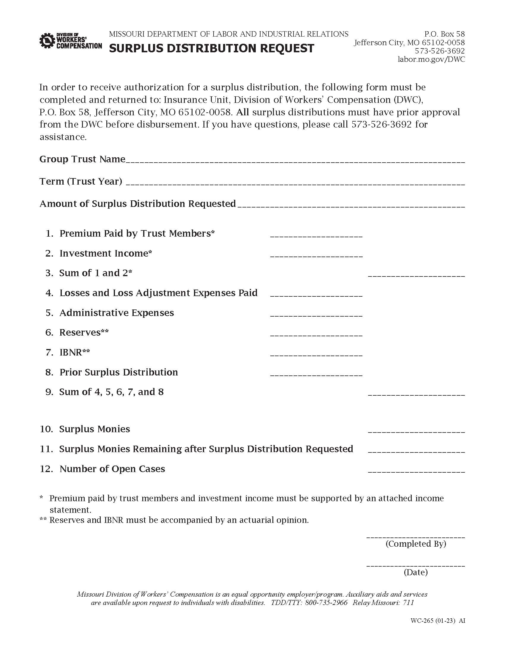 Surplus Distribution  Request {WC-265} | Pdf Fpdf Doc Docx | Missouri