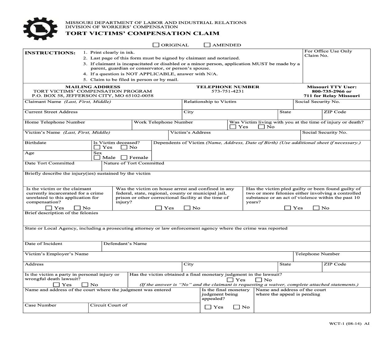 Tort Victims Compensation Claim {WCT-1} | Pdf Fpdf Doc Docx | Missouri