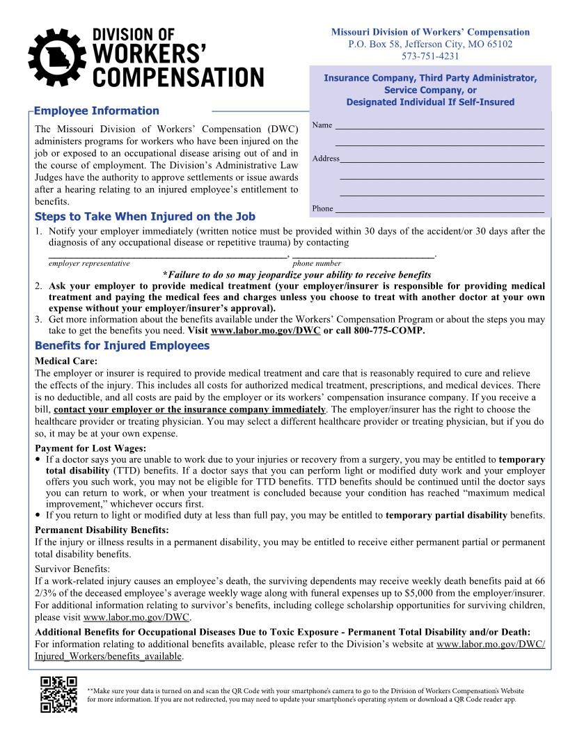 Workers Compensation Notice | Pdf Fpdf Docx | Missouri