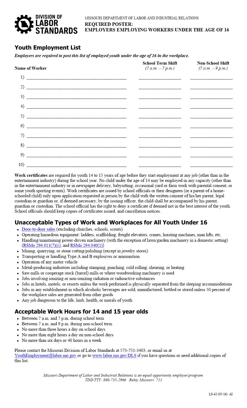 Youth Employment List (Child Labor Law Poster) | Pdf Fpdf Docx | Missouri
