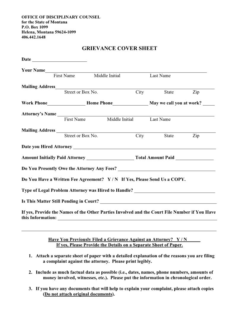 Complaint Cover Sheet | Pdf Fpdf Docx | Montana