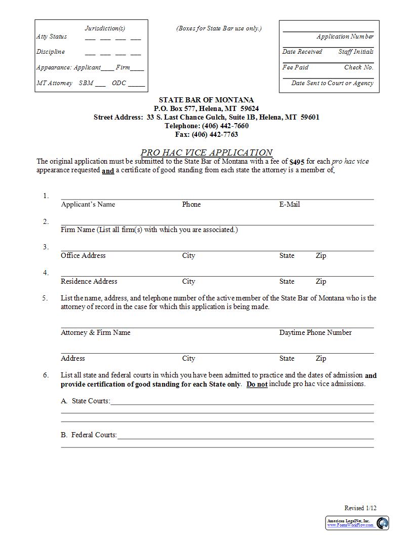 Pro Hac Vice Application Form | Pdf Fpdf Docx | Montana