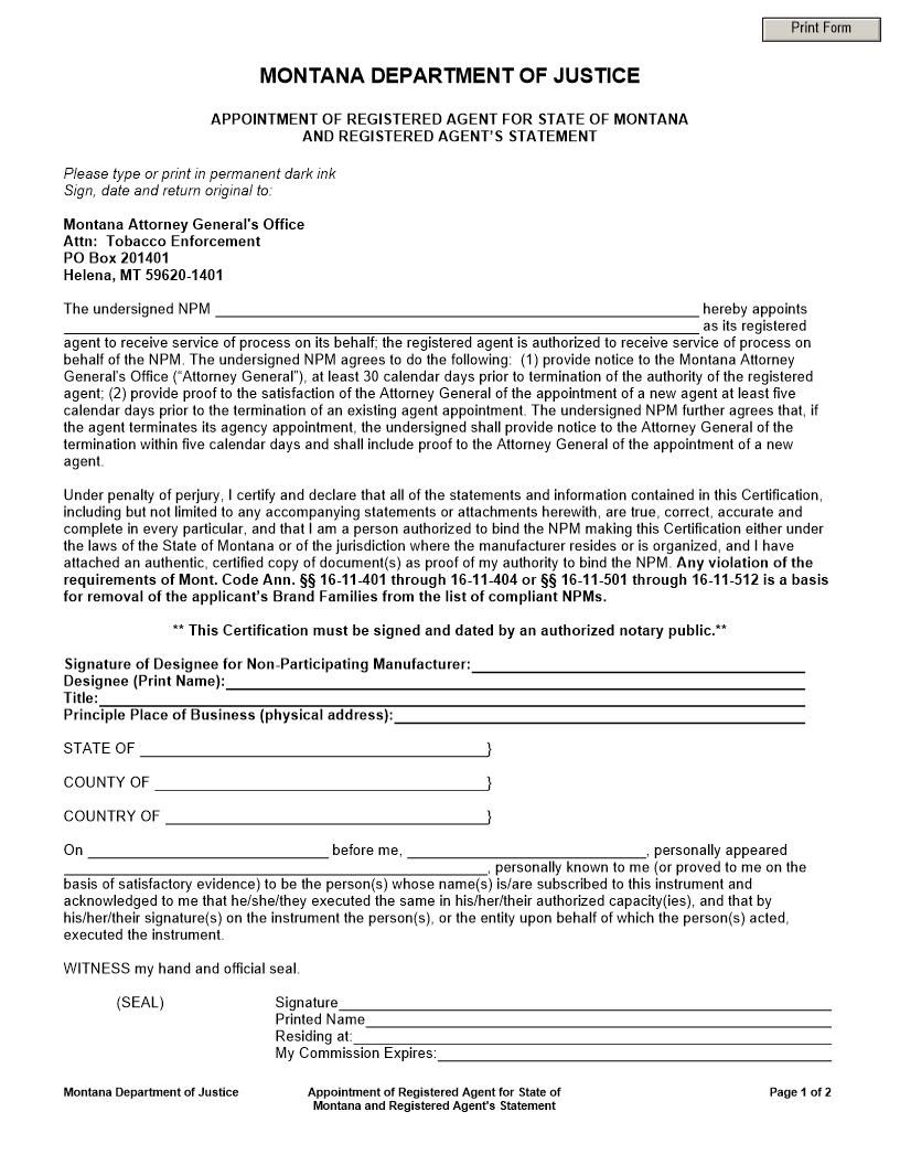 Appointment Of Registered Agent And Registered Agents Statement | Pdf Fpdf Docx | Montana