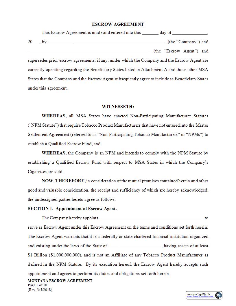 Escrow Agreement | Pdf Fpdf Docx | Montana