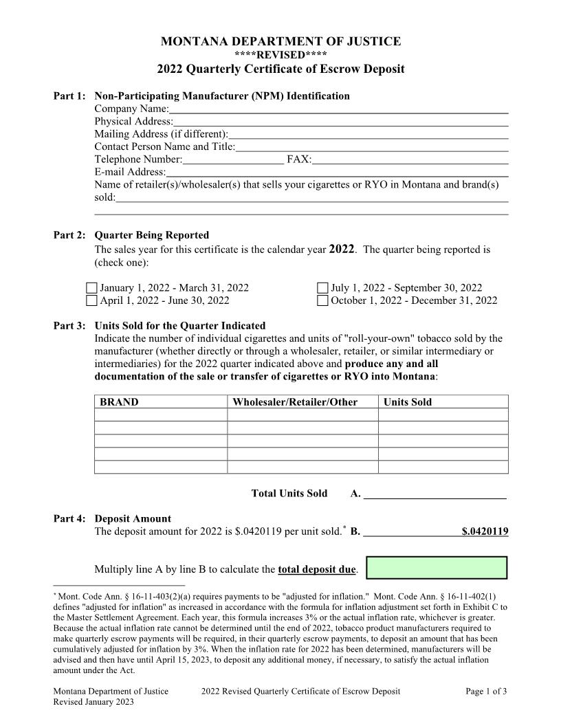 Montana Certificate Of Escrow Deposit By Non Participating 2022 | Pdf Fpdf Docx | Montana