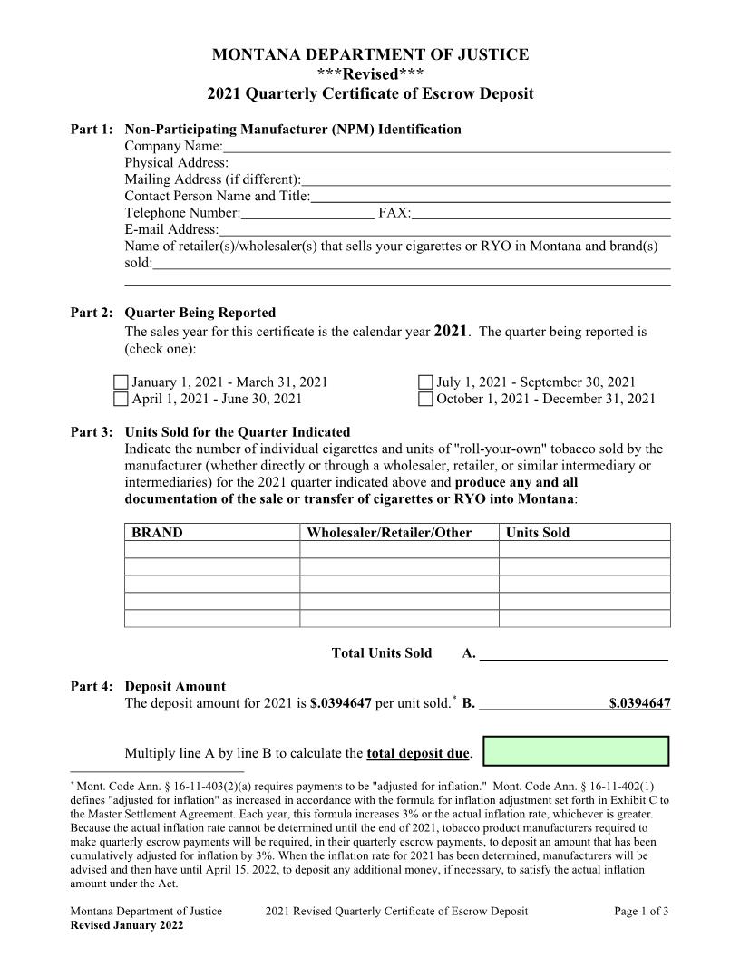 Montana Certificate Of Escrow Deposit By Non Participating Manufacturer | Pdf Fpdf Docx | Montana