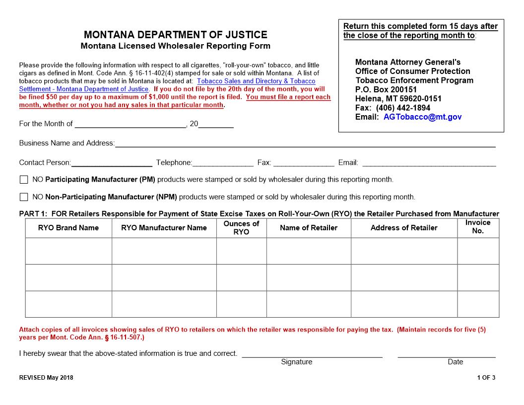 Montana Licensed Wholesaler Reporting Form | Pdf Fpdf Docx | Montana