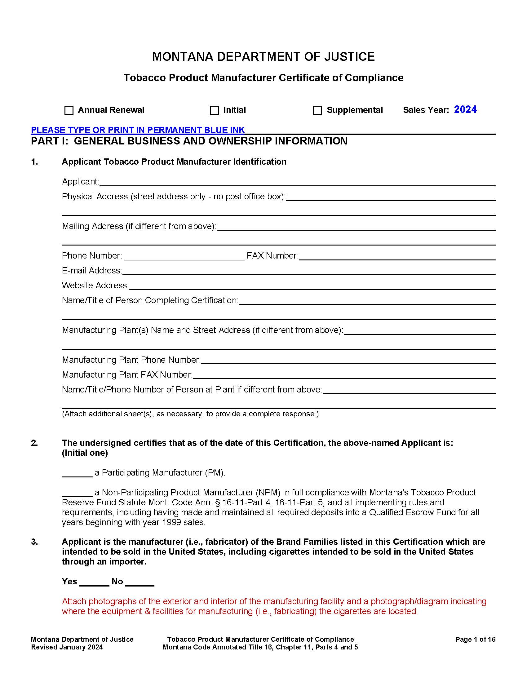 Tobacco Product Manufacturer Certificate Of Compliance | Pdf Fpdf Docx | Montana