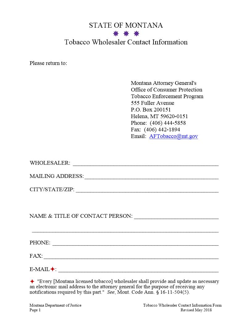 Tobacco Wholesaler Contact Information | Pdf Fpdf Docx | Montana