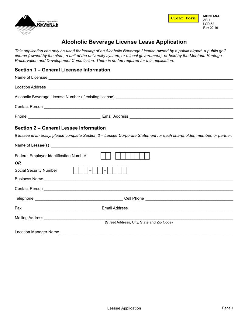 Alcoholic Beverage License Lease Application | Pdf Fpdf Docx | Montana