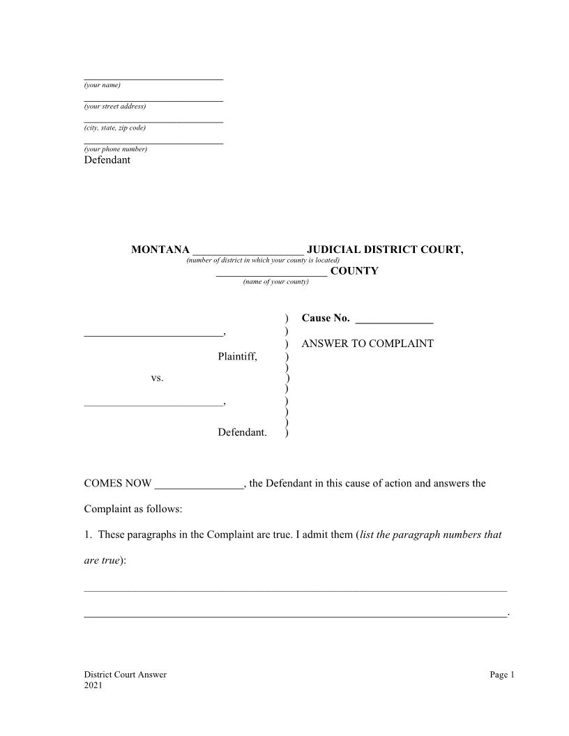 Answer To Complaint | Pdf Fpdf Docx | Montana