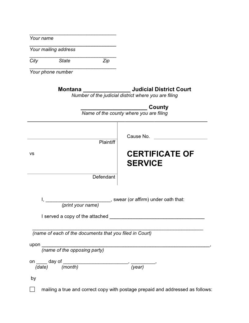 Certificate Of Service | Pdf Fpdf Docx | Montana