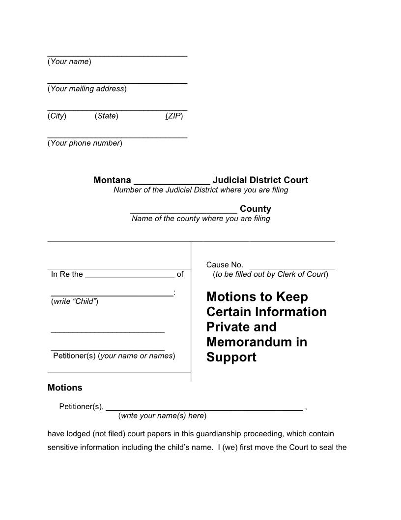 Motion To Keep Certain Info Private And Memorandum in Support | Pdf Fpdf Docx | Montana