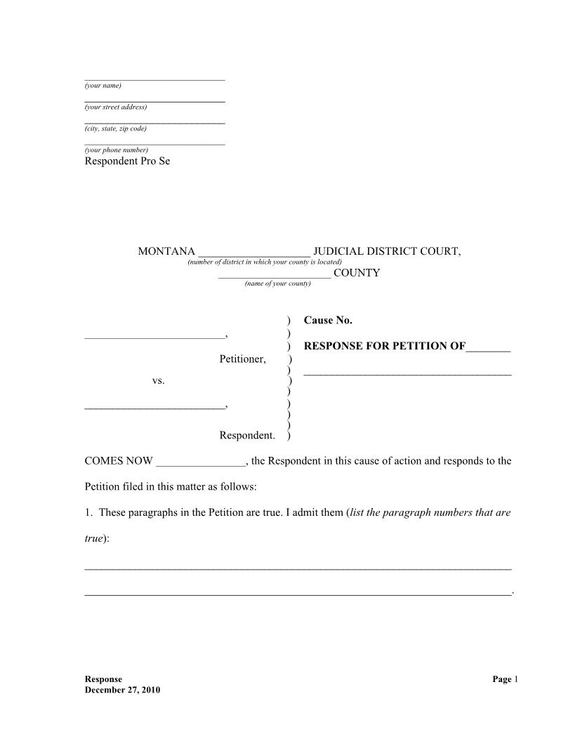 Response To Petition | Pdf Fpdf Docx | Montana