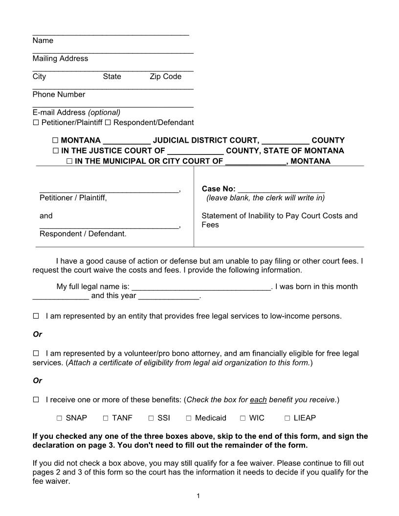 Waiving Court Fees | Pdf Fpdf Docx | Montana