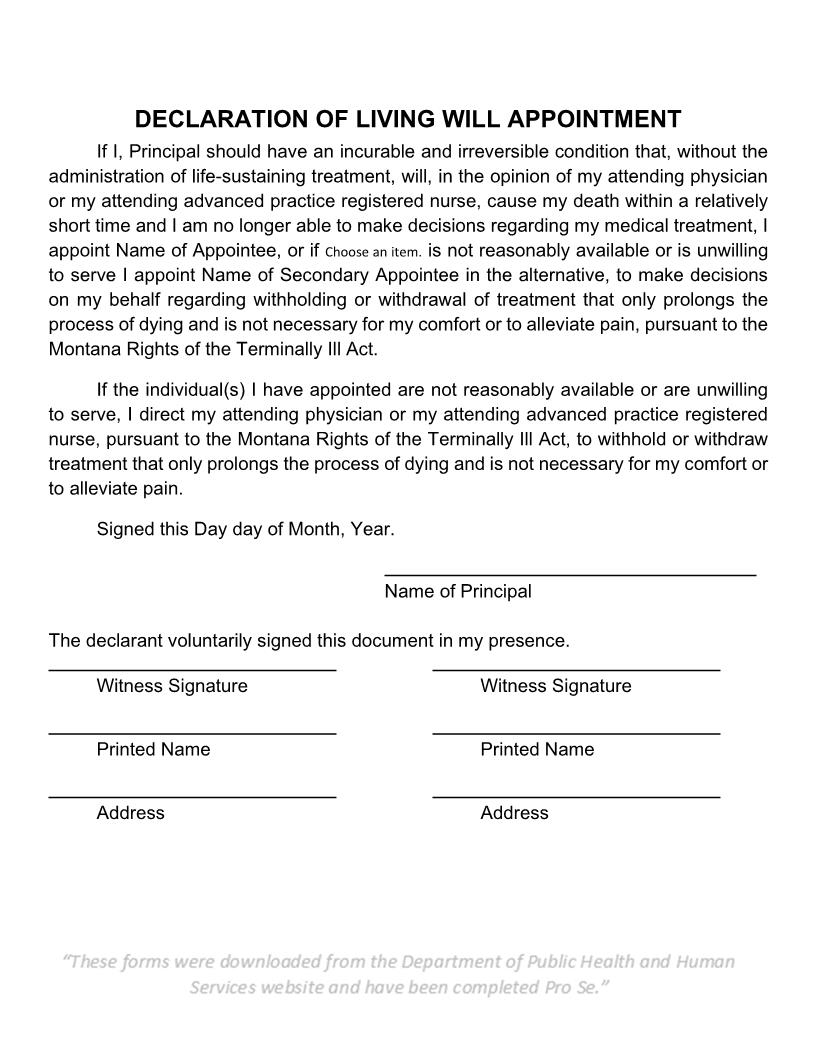 Declaration Of Living Will Appointment | Pdf Fpdf Docx | Montana