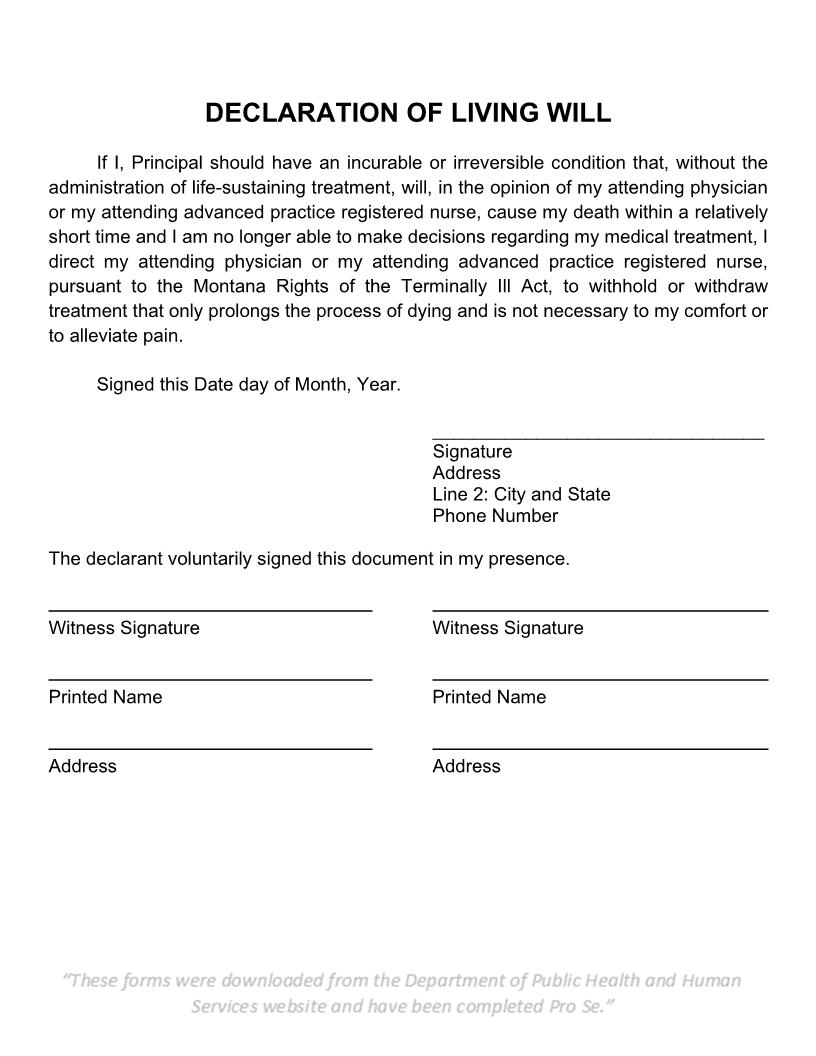 Declaration Of Living Will | Pdf Fpdf Doc Docx | Montana