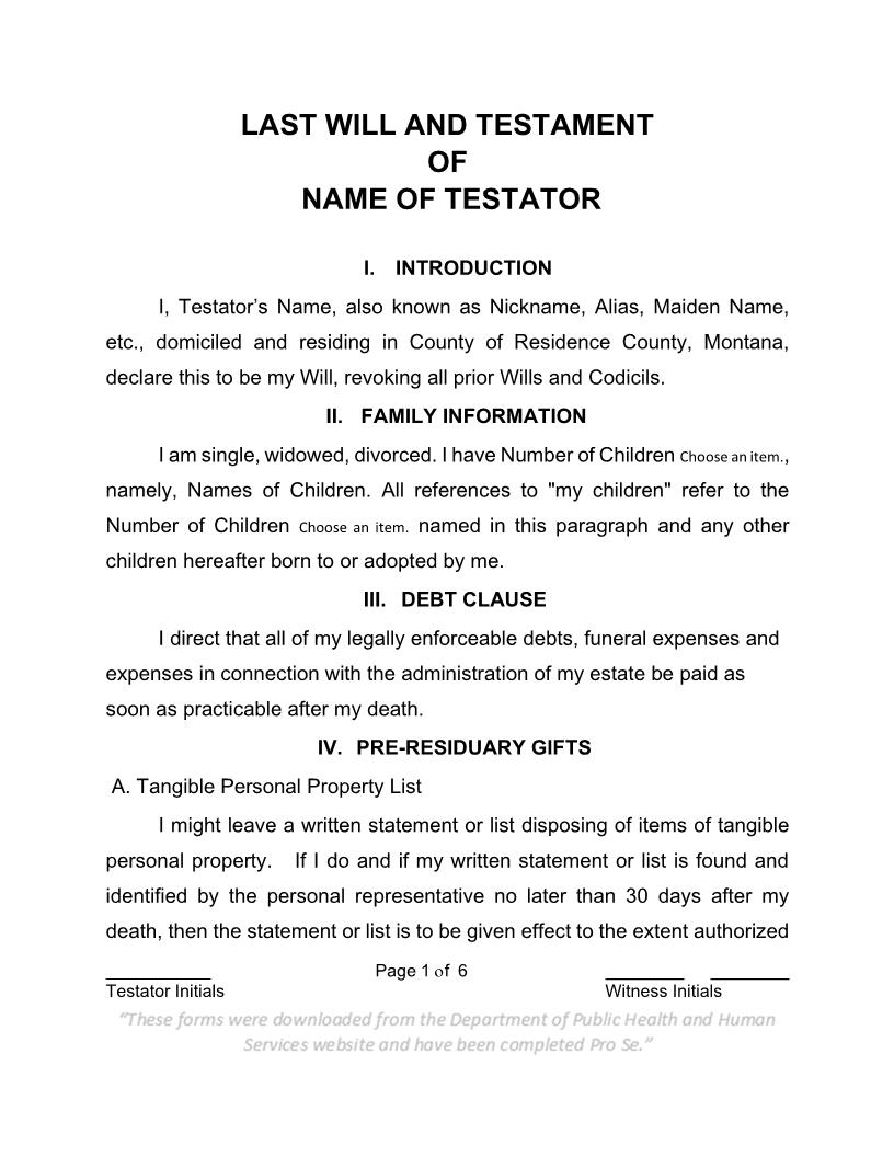 Last Will And Testament Of Name Of Testator | Pdf Fpdf Docx | Montana