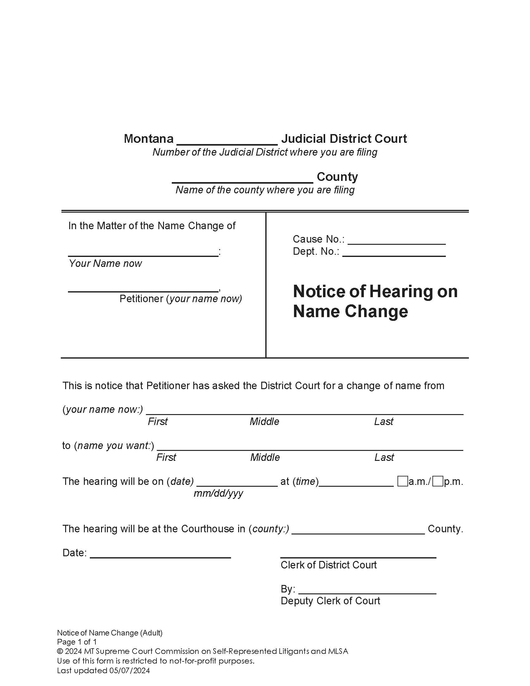 Notice Of Hearing On Name Change (Adult) | Pdf Fpdf Docx | Montana