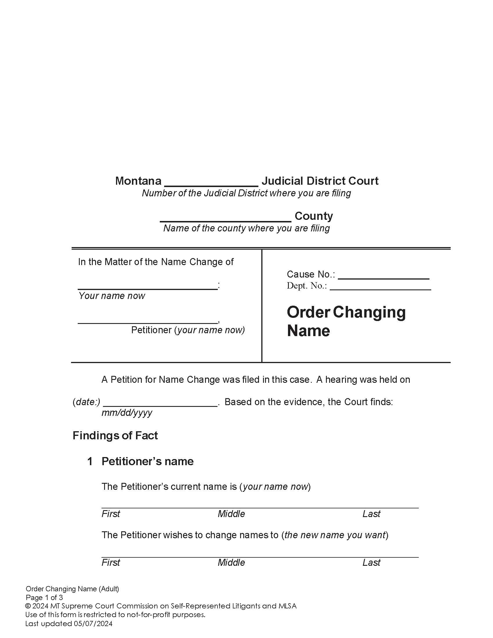 Order Changing Name (Adult) | Pdf Fpdf Docx | Montana