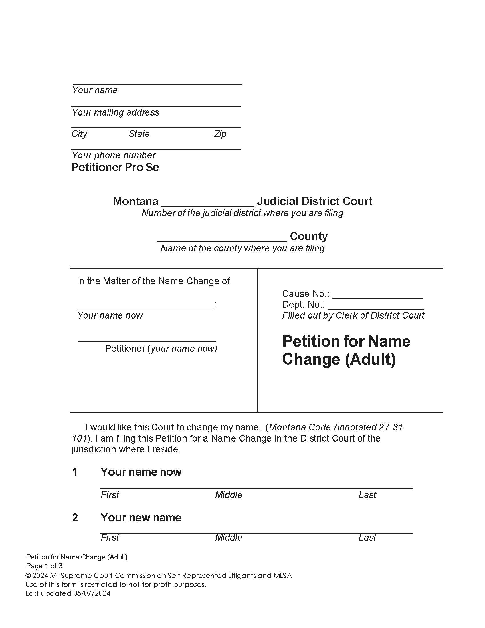 Petition For Name Change Adult | Pdf Fpdf Docx | Montana