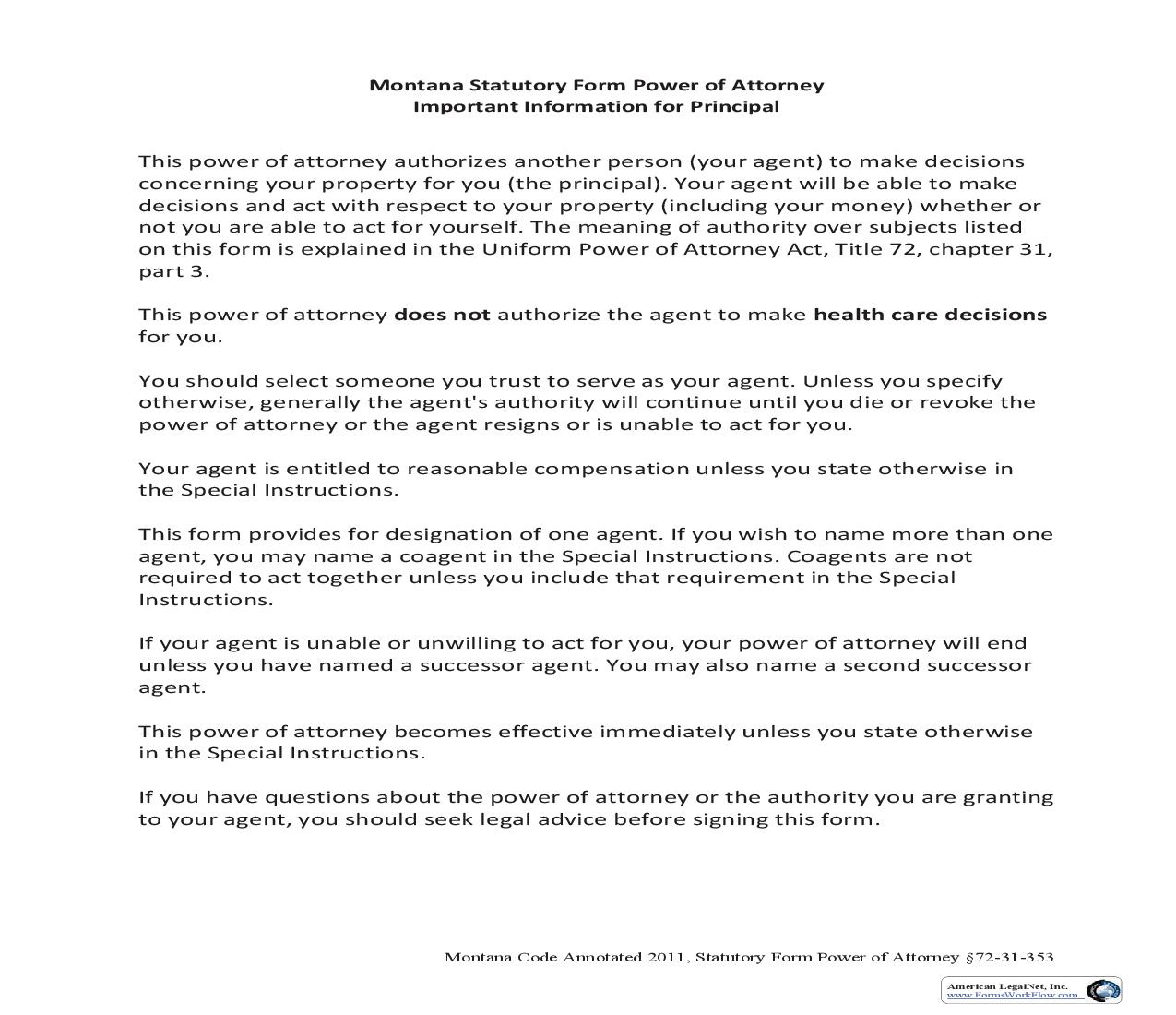 Statutory Form Power Of Attorney |  | Montana