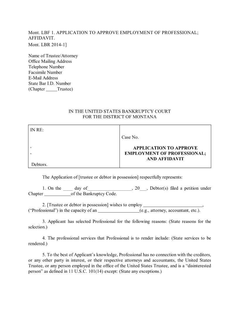 Application To Approve Employment Of Professional And Affidavit {LBF-1} | Pdf Fpdf Docx | Montana