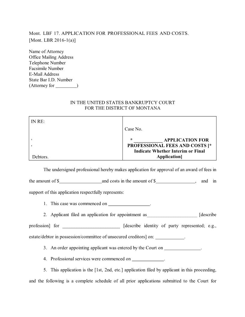 Application for Professional Fees And Costs {LBF-17} | Pdf Fpdf Docx | Montana