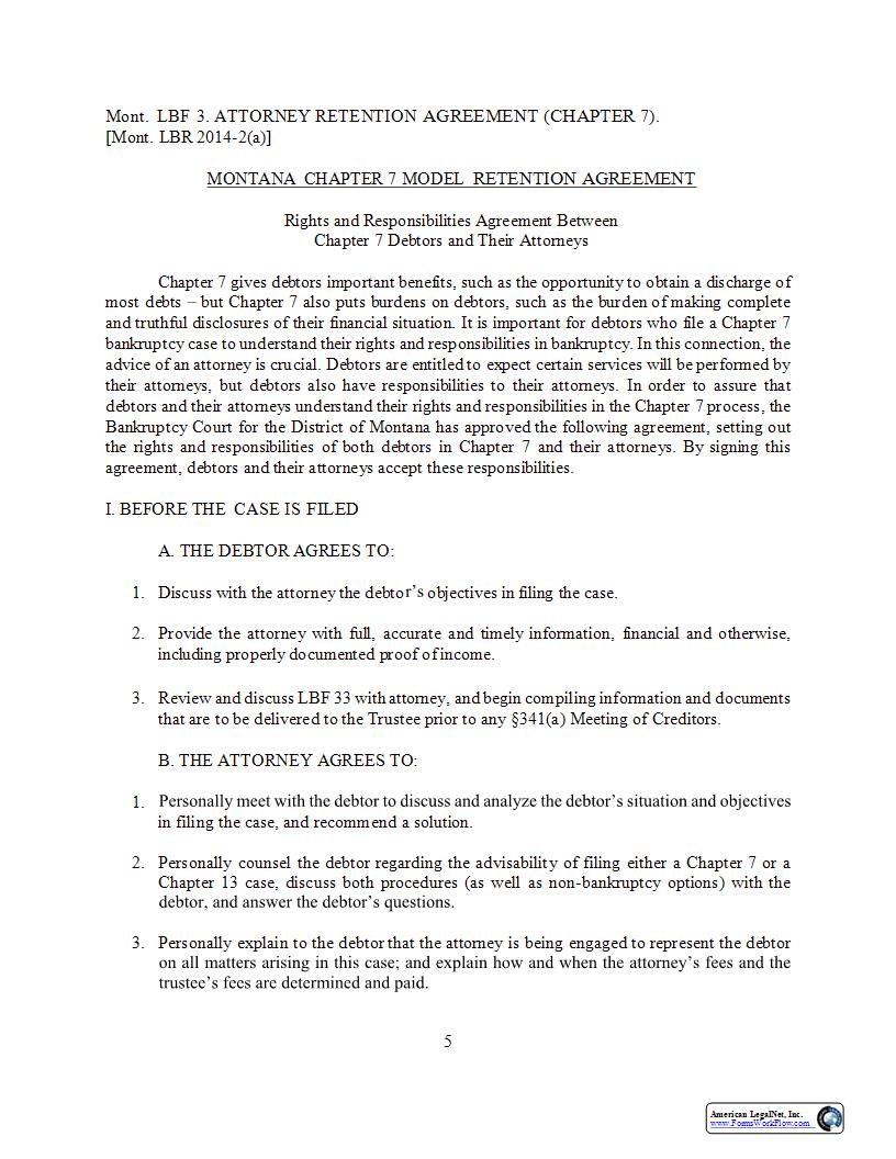 Attorney Retention Agreement (Chapter 7) {LBF-3} | Pdf Fpdf Docx | Montana