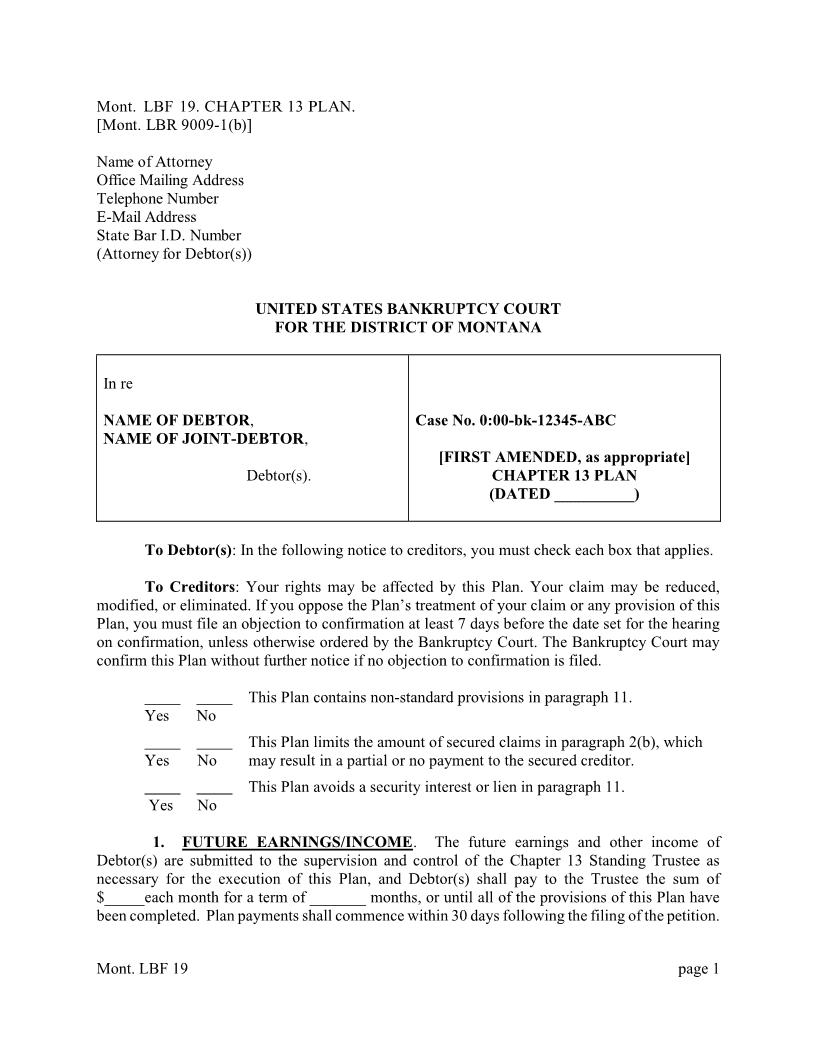 Chapter 13 Plan {LBF-19} | Pdf Fpdf Docx | Montana