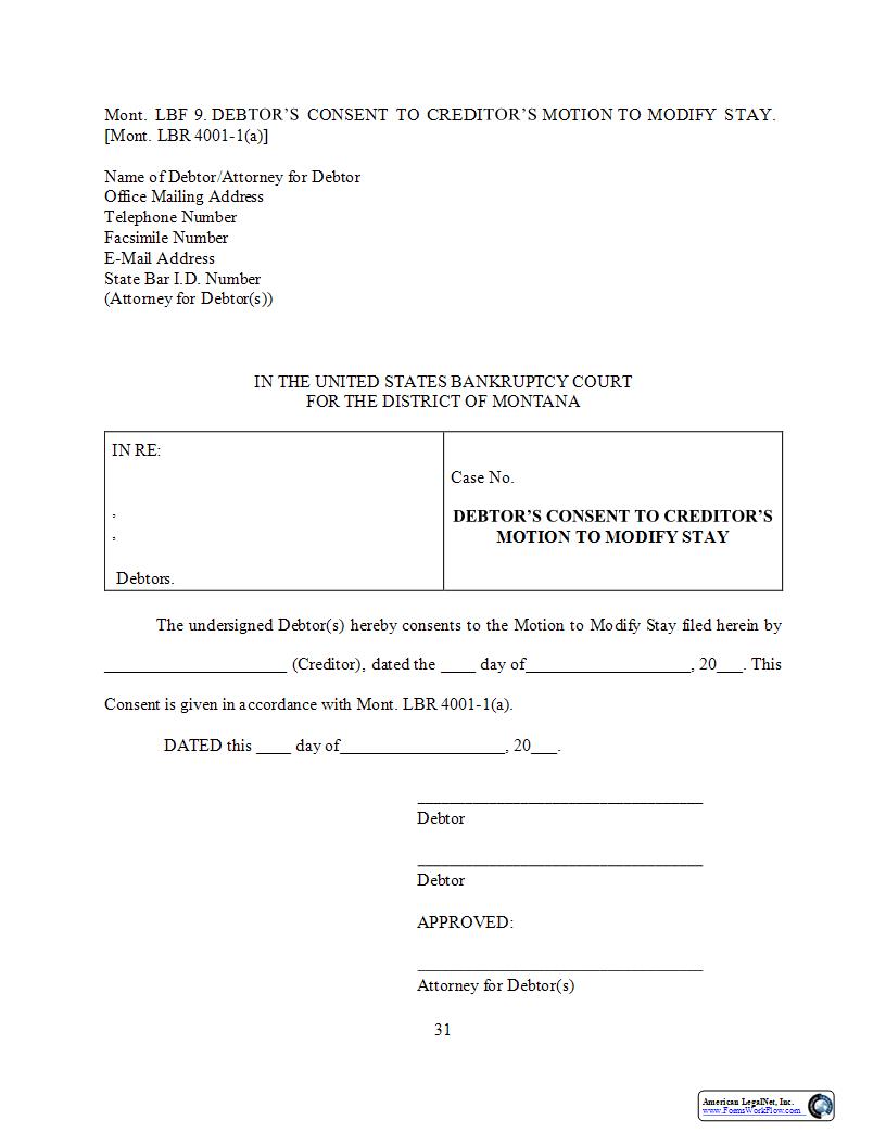 Debtors Consent To Creditors Motion To Modify Stay {LBF-9} | Pdf Fpdf Docx | Montana
