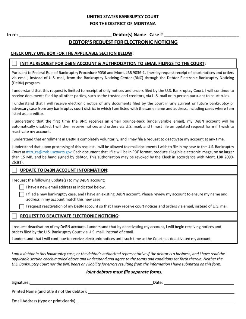 Debtors Electronic Noticing Request (DeBN) | Pdf Fpdf Docx | Montana