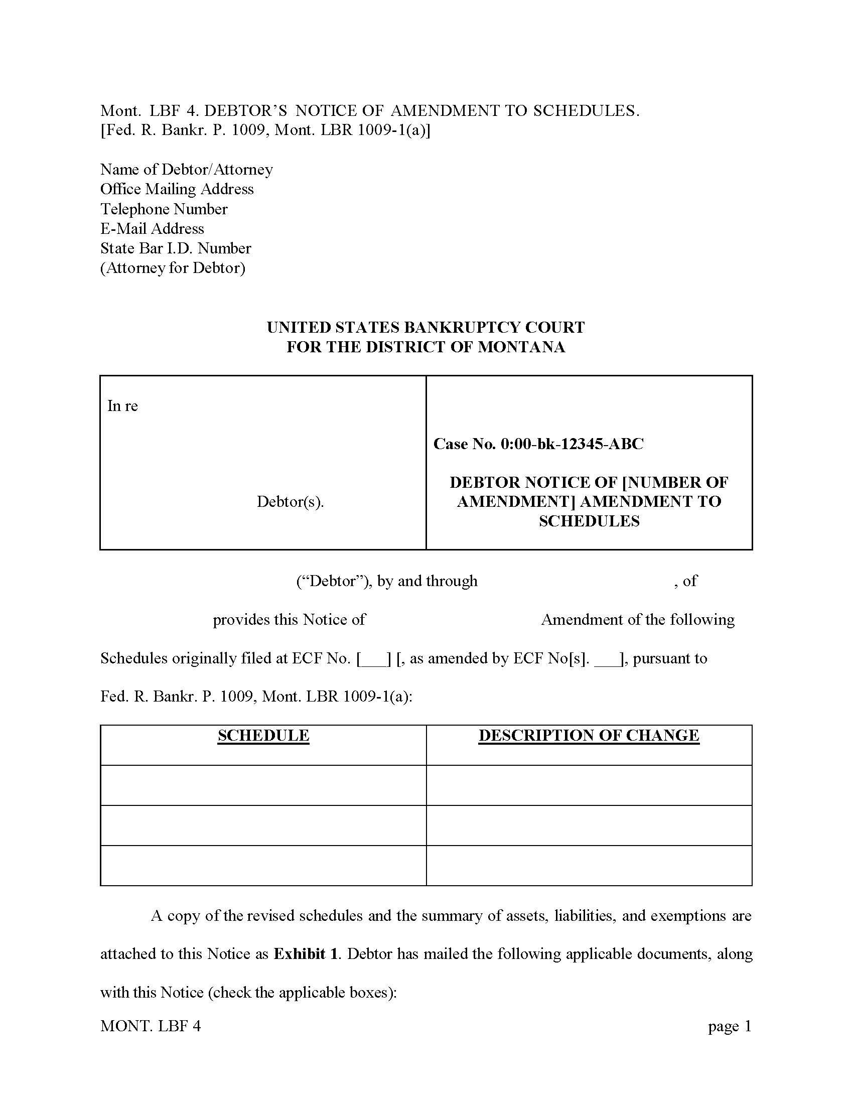 Debtors Notice Of Amendment To Schedules {LBF-4} | Pdf Fpdf Docx | Montana