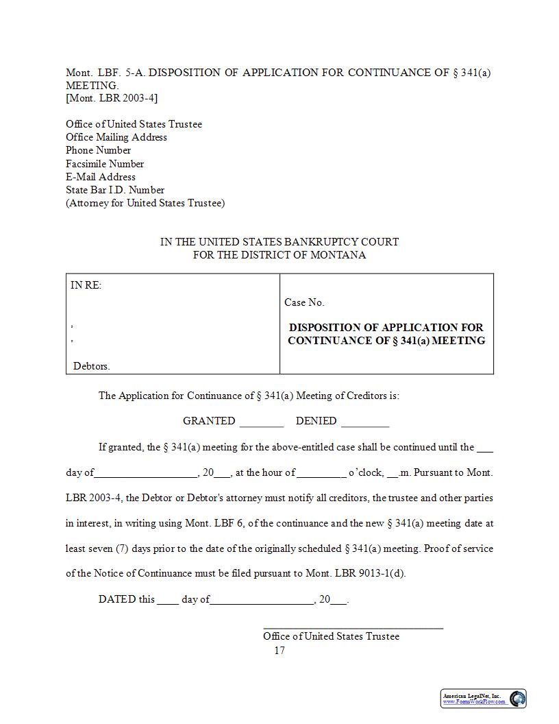 Disposition Of Application For Continuance Of Section 341(a) Meeting {LBF-5-A} | Pdf Fpdf Docx | Montana