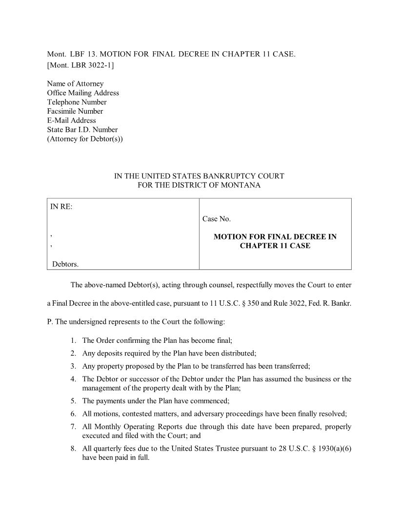 Motion For Final Decree In Chapter 11 Case {LBF-13} | Pdf Fpdf Docx | Montana