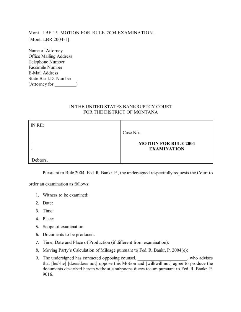 Motion For Rule 2004 Examination {LBF-15} | Pdf Fpdf Docx | Montana