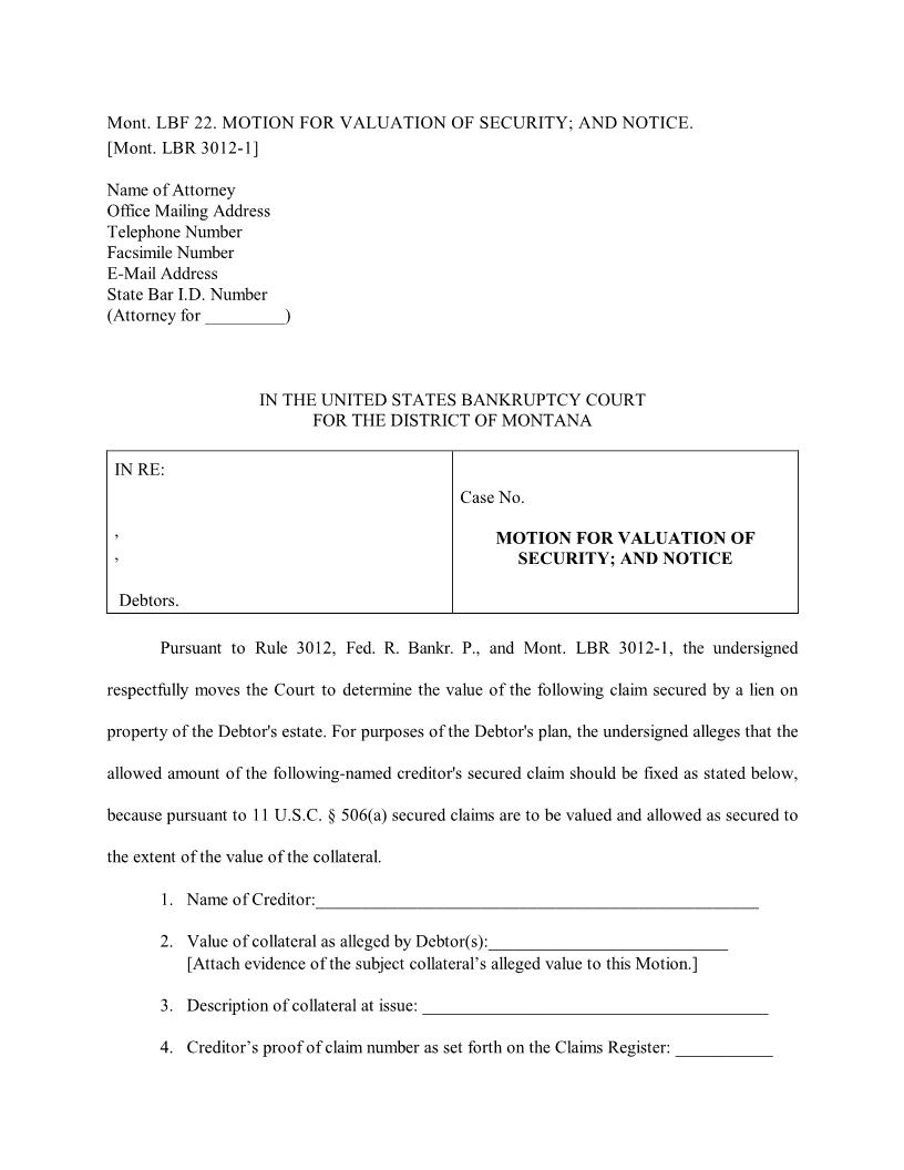 Motion For Valuation Of Security {LBF-22} | Pdf Fpdf Docx | Montana
