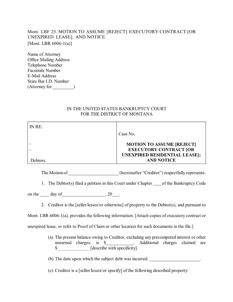 Motion To Assume Or Reject Executory Contract Or Unexpired Lease {LBF-25} | Pdf Fpdf Docx | Montana