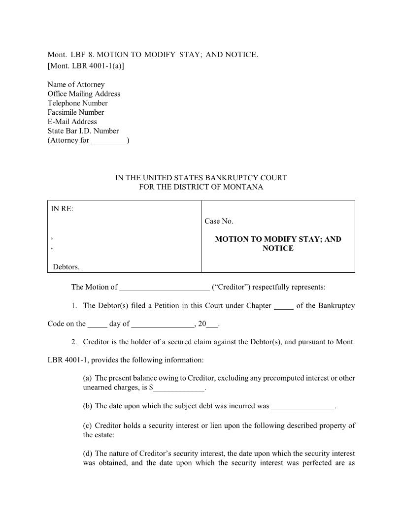Motion To Modify Stay And Notice {LBF-8} | Pdf Fpdf Docx | Montana