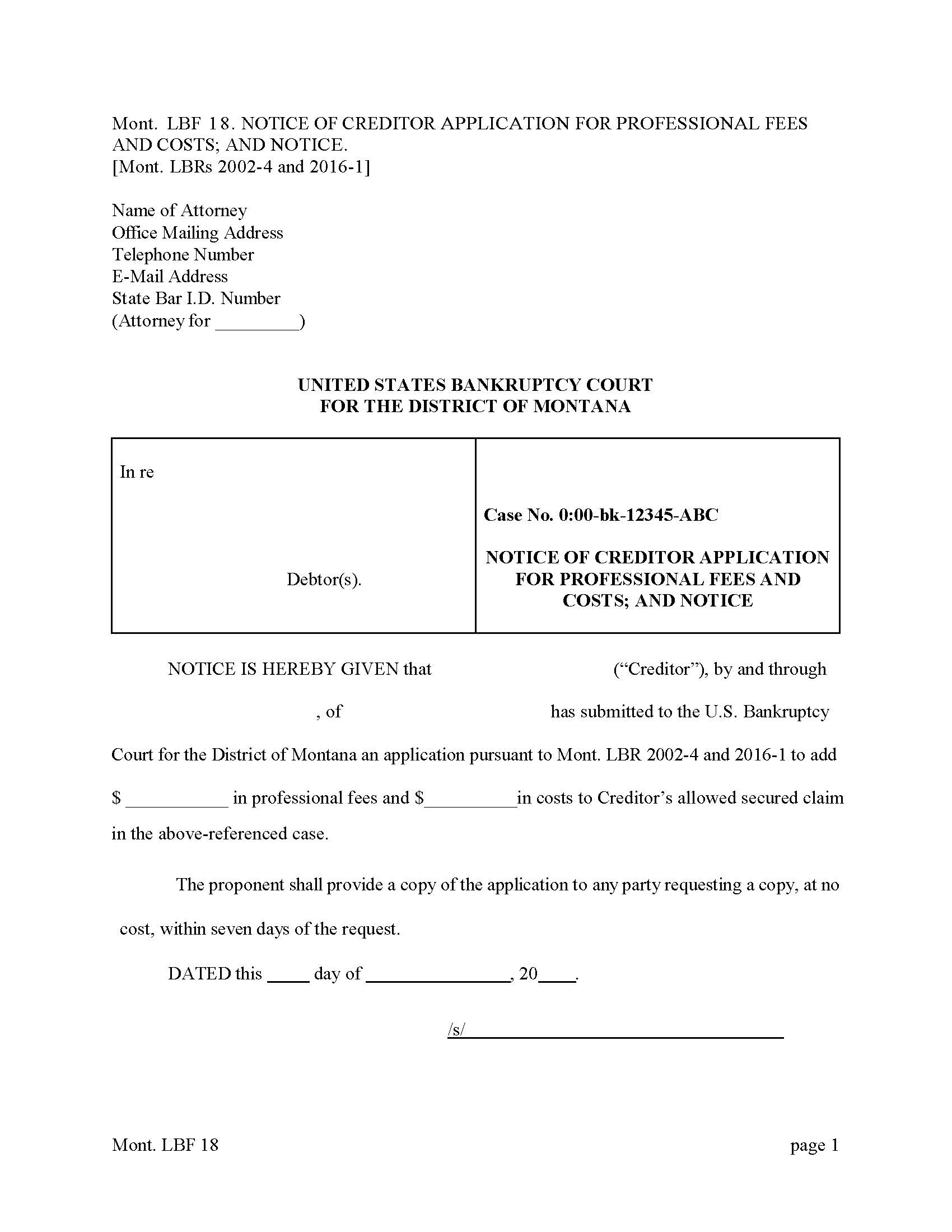 Notice Of Application For Professional Fees And Costs {LBF-18} | Pdf Fpdf Docx | Montana