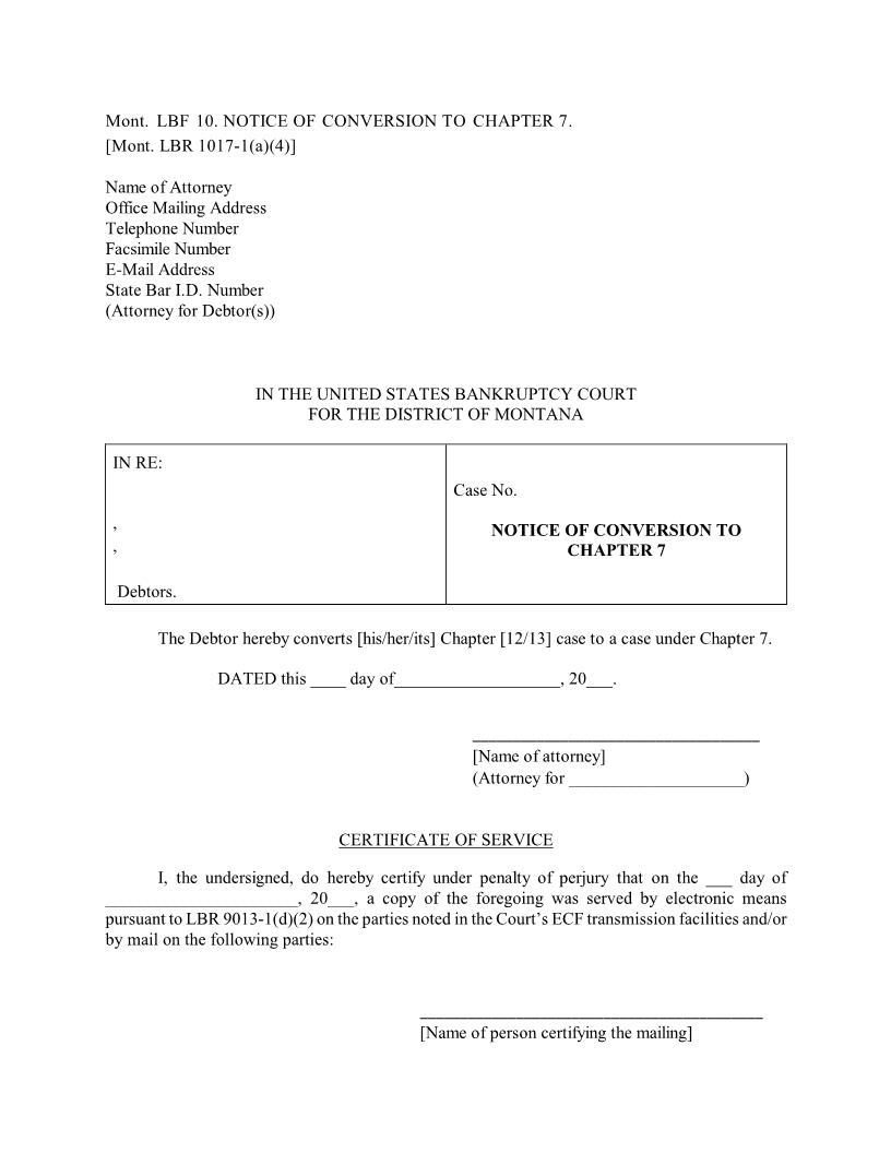 Notice Of Conversion To Chapter 7 {LBF-10} | Pdf Fpdf Docx | Montana
