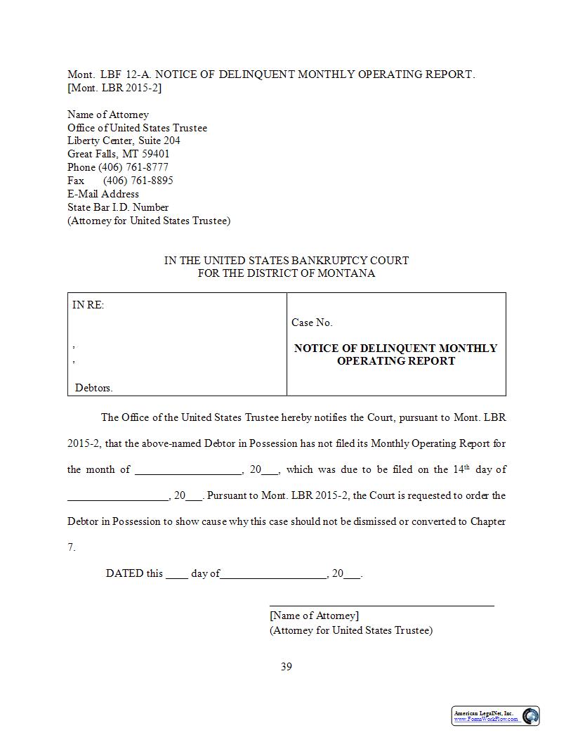 Notice Of Delinquent Monthly Operating Report {LBF-12-A} | Pdf Fpdf Docx | Montana