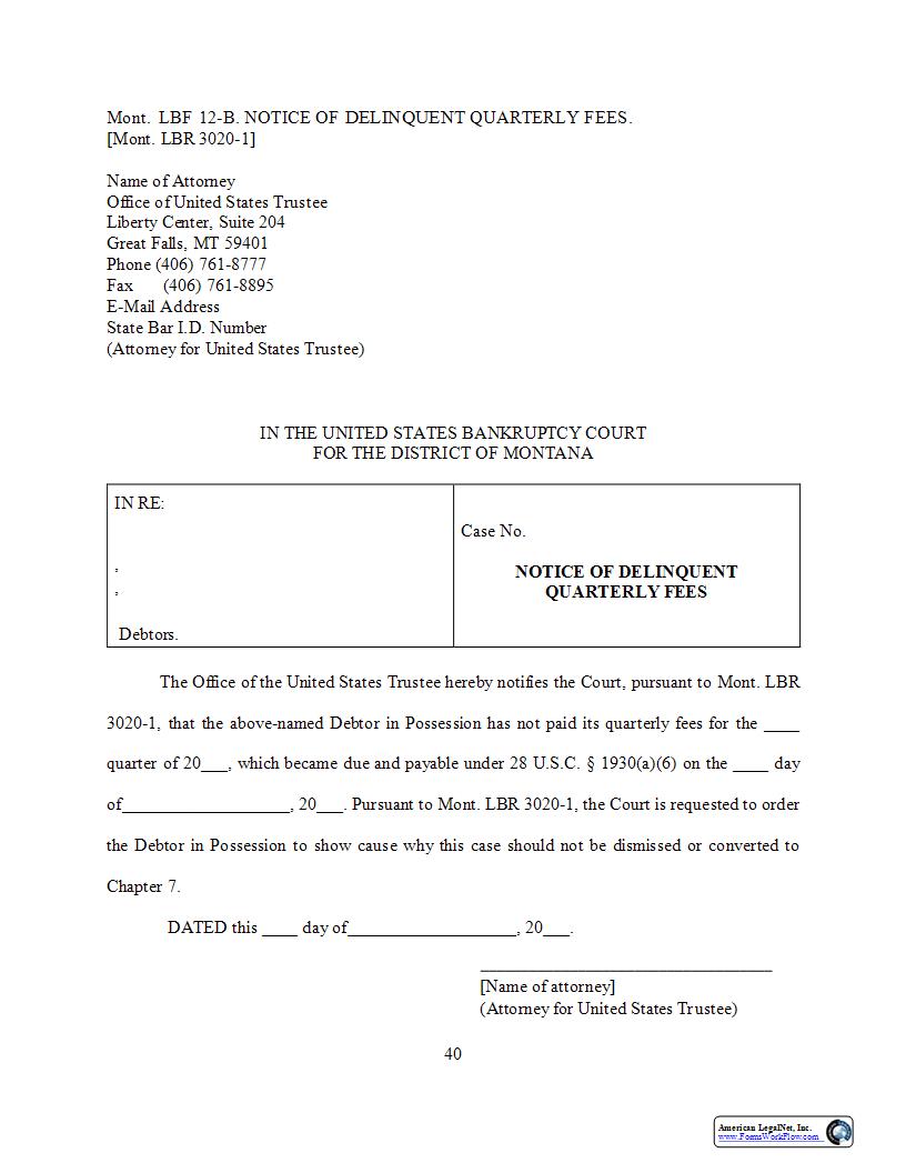 Notice Of Delinquent Quarterly Fees {LBF-12-B} | Pdf Fpdf Docx | Montana
