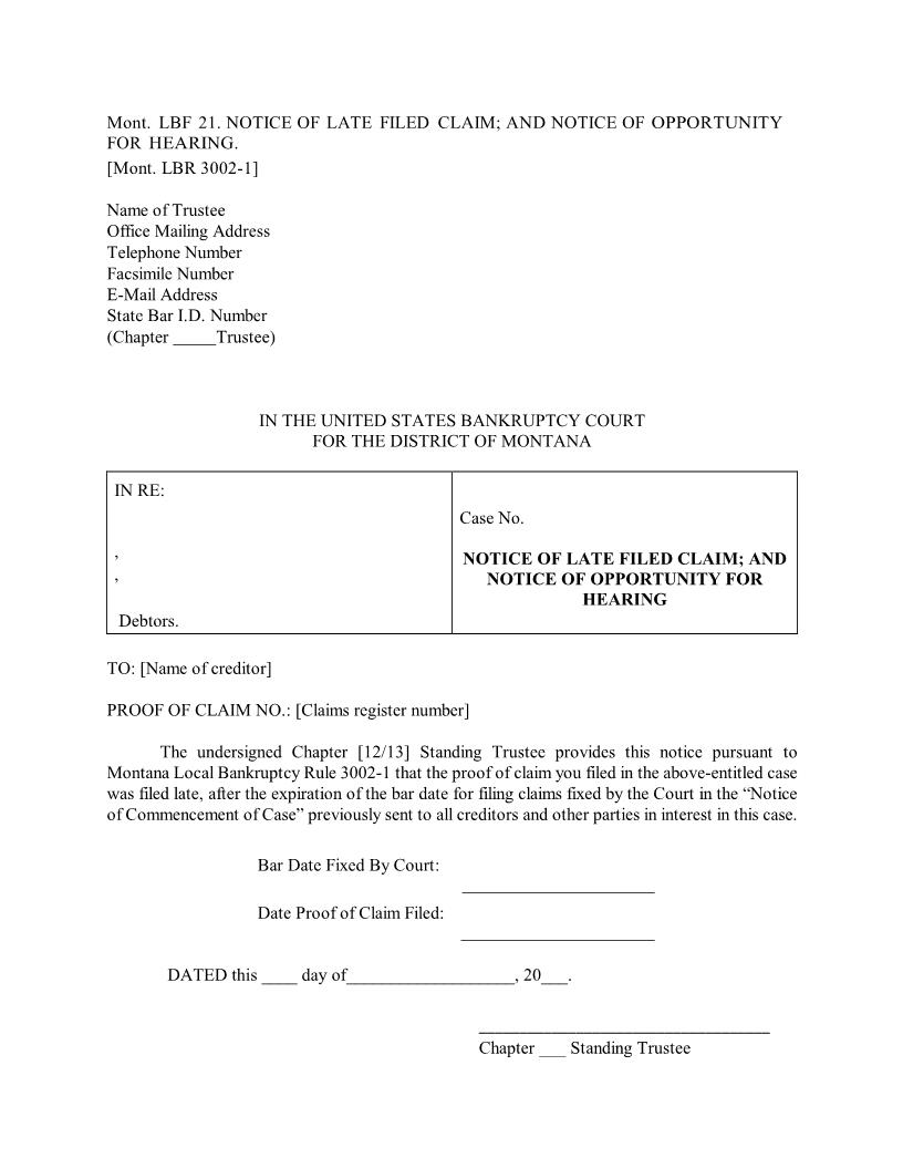 Notice Of Late Filed Claim {LBF-21} | Pdf Fpdf Docx | Montana