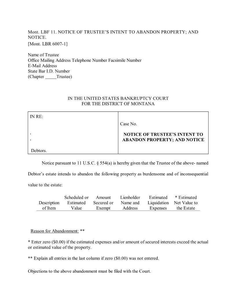 Notice Of Trustees Intent To Abandon Property {LBF-11} | Pdf Fpdf Docx | Montana