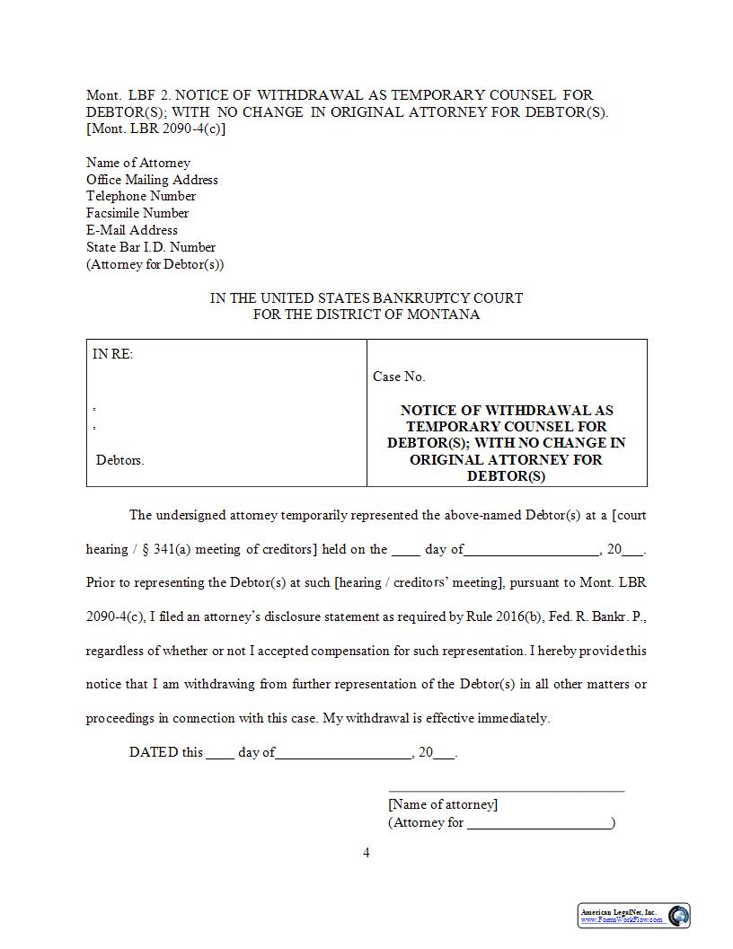 Notice Of Withdrawal As Temporary Counsel For Debtor(s) {LBF-2} | Pdf Fpdf Docx | Montana